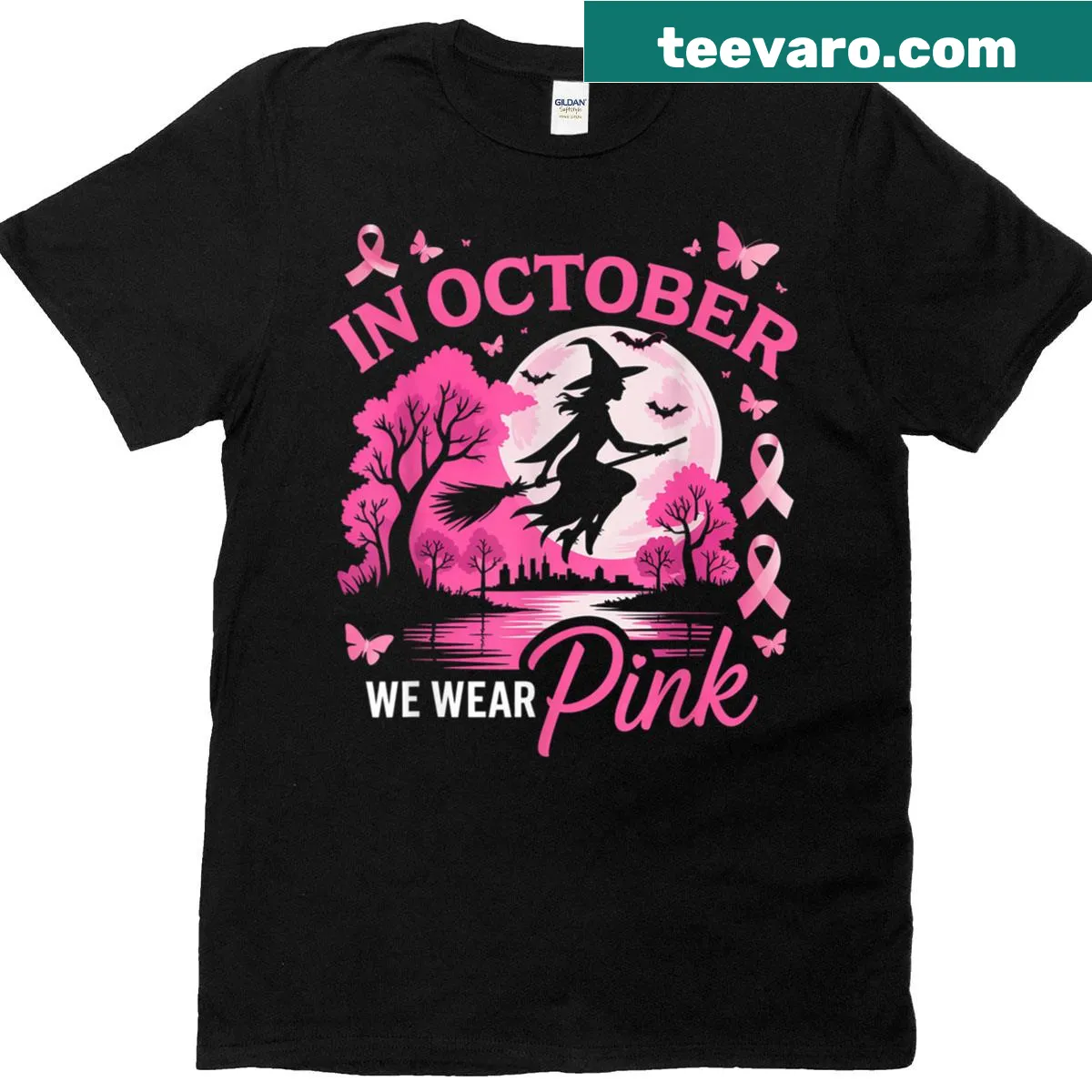Halloween-themed t-shirt with pink ribbon for breast cancer awareness — on a men's t-shirt