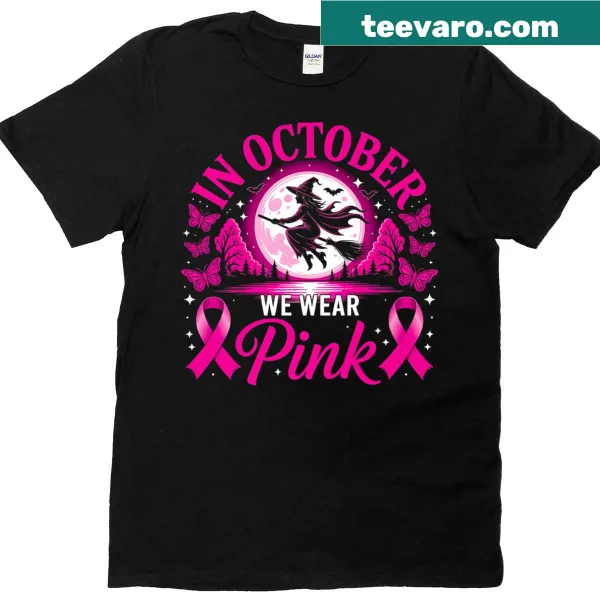 Whimsical witch design in pink supporting breast cancer awareness on a t-shirt