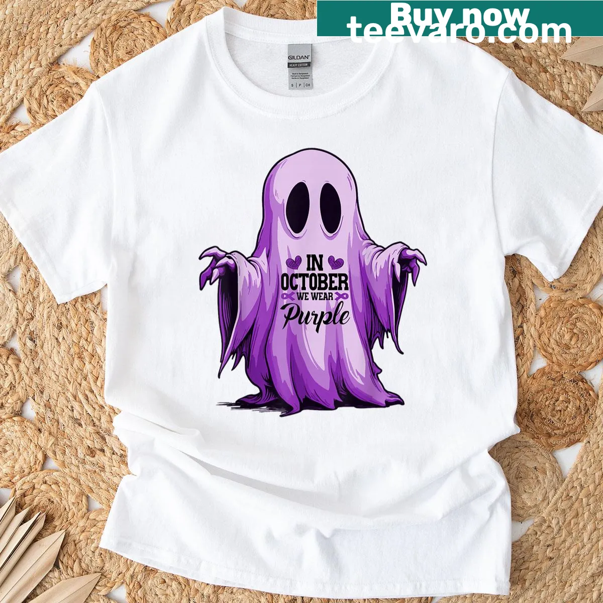 Ghost design with 'In October We Wear Purple' text — on a men's t-shirt