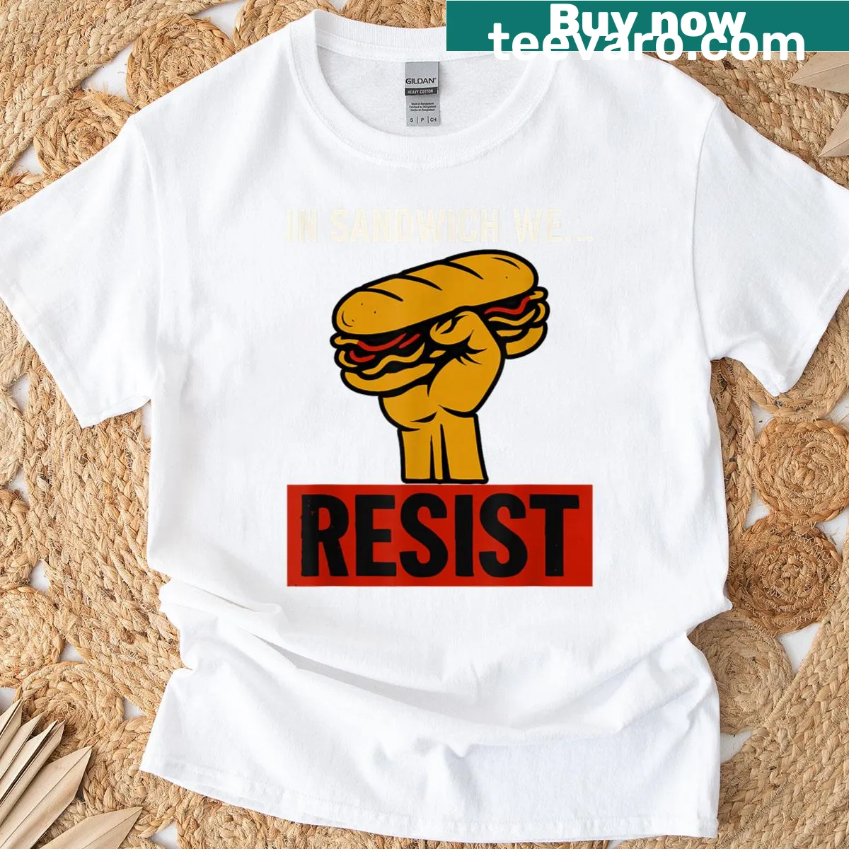 T-shirt featuring 'In Sandwich We Resist' text — on a men's t-shirt