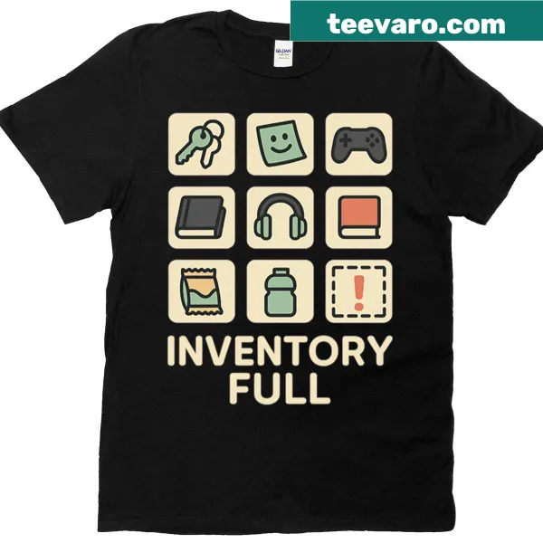 T-shirt featuring a grid of gaming UI icons representing a full inventory