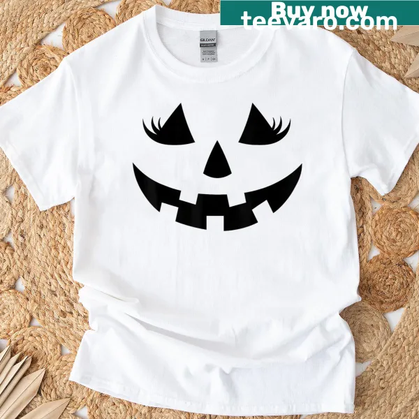 Cute jack-o-lantern with eyelashes graphic on a Halloween T-shirt