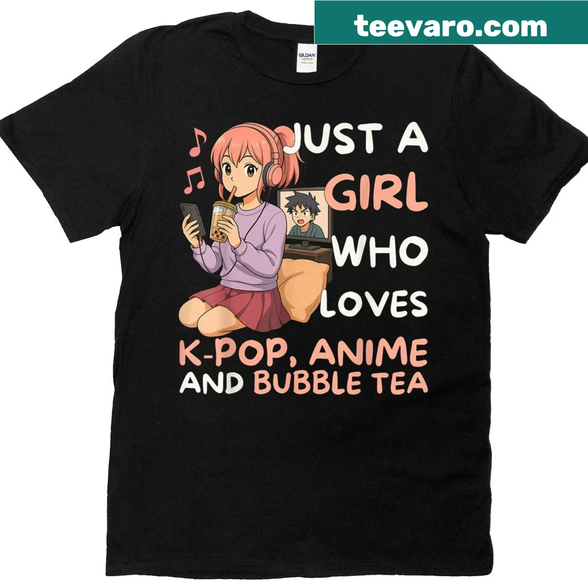 Funny T-shirt featuring K-Pop, anime, and bubble tea graphic — on a men's t-shirt