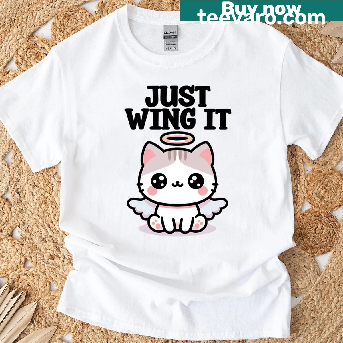 Cute cat with angel wings and motivational text — on a men's t-shirt