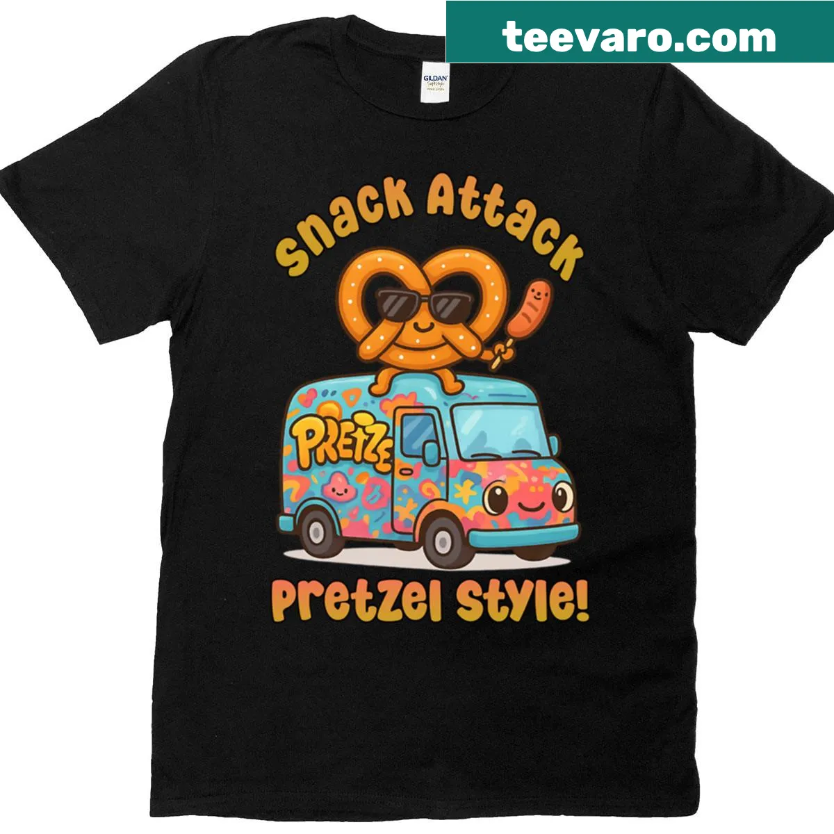 Kawaii pretzel food truck design shirt — on a men's t-shirt