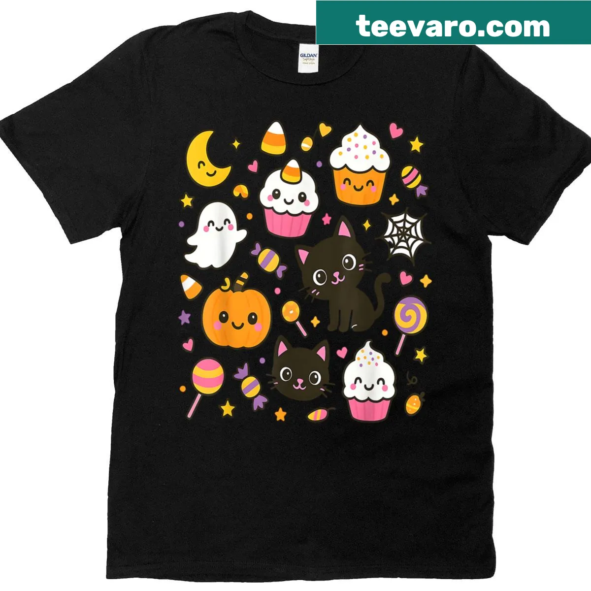 Kawaii Halloween T-shirt with black cat, pumpkins, and candy design — on a men's t-shirt