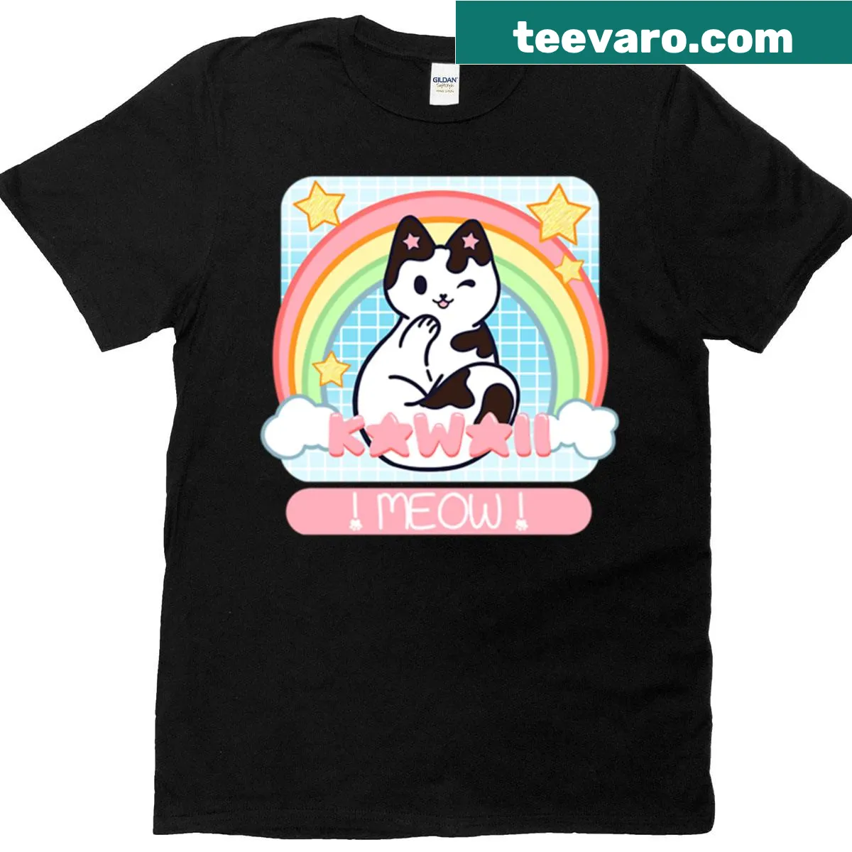 Cute cartoon cat graphic on Kawaii Meow T-shirt — on a men's t-shirt