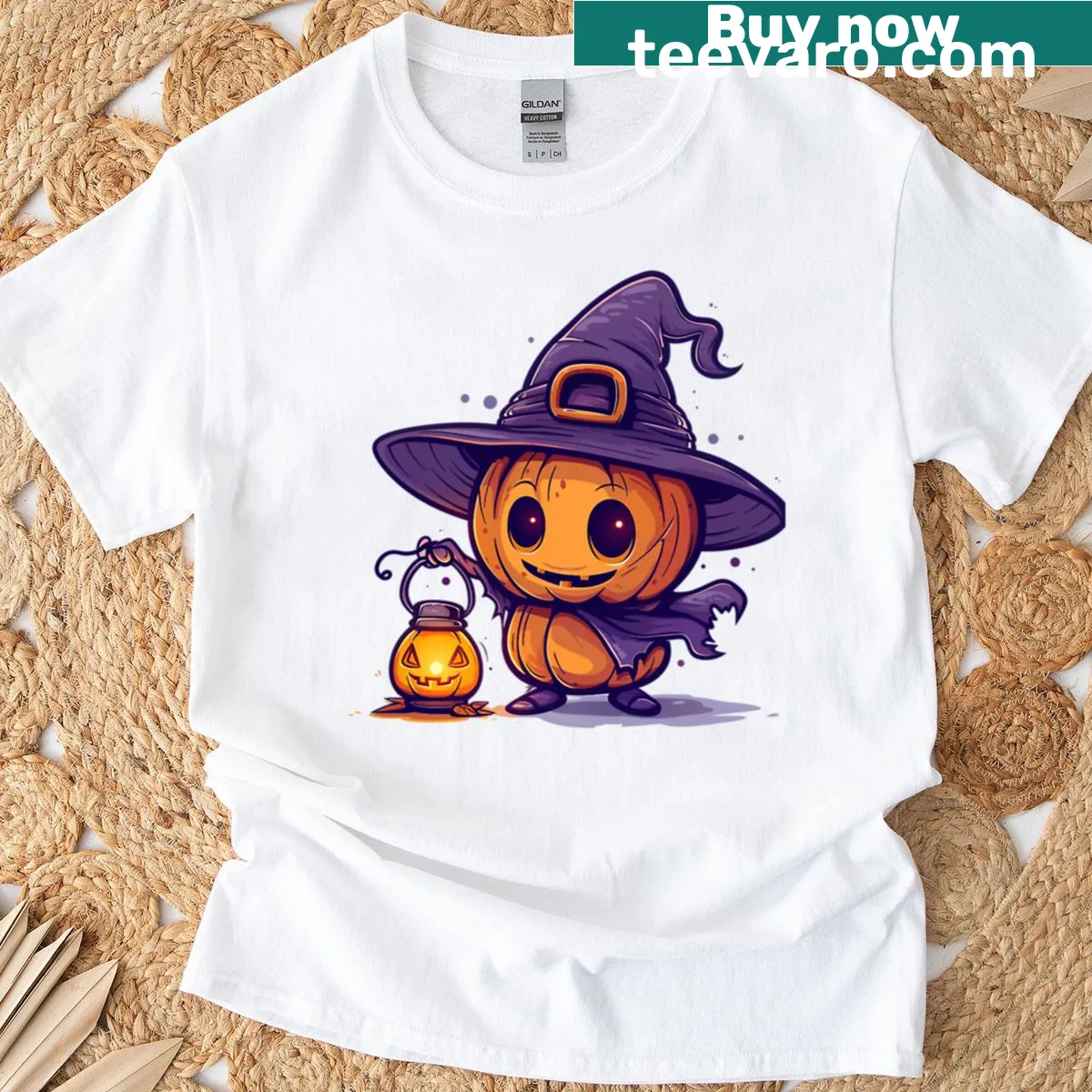 Chibi-style kawaii pumpkin with a witch hat and lantern design. — on a men's t-shirt