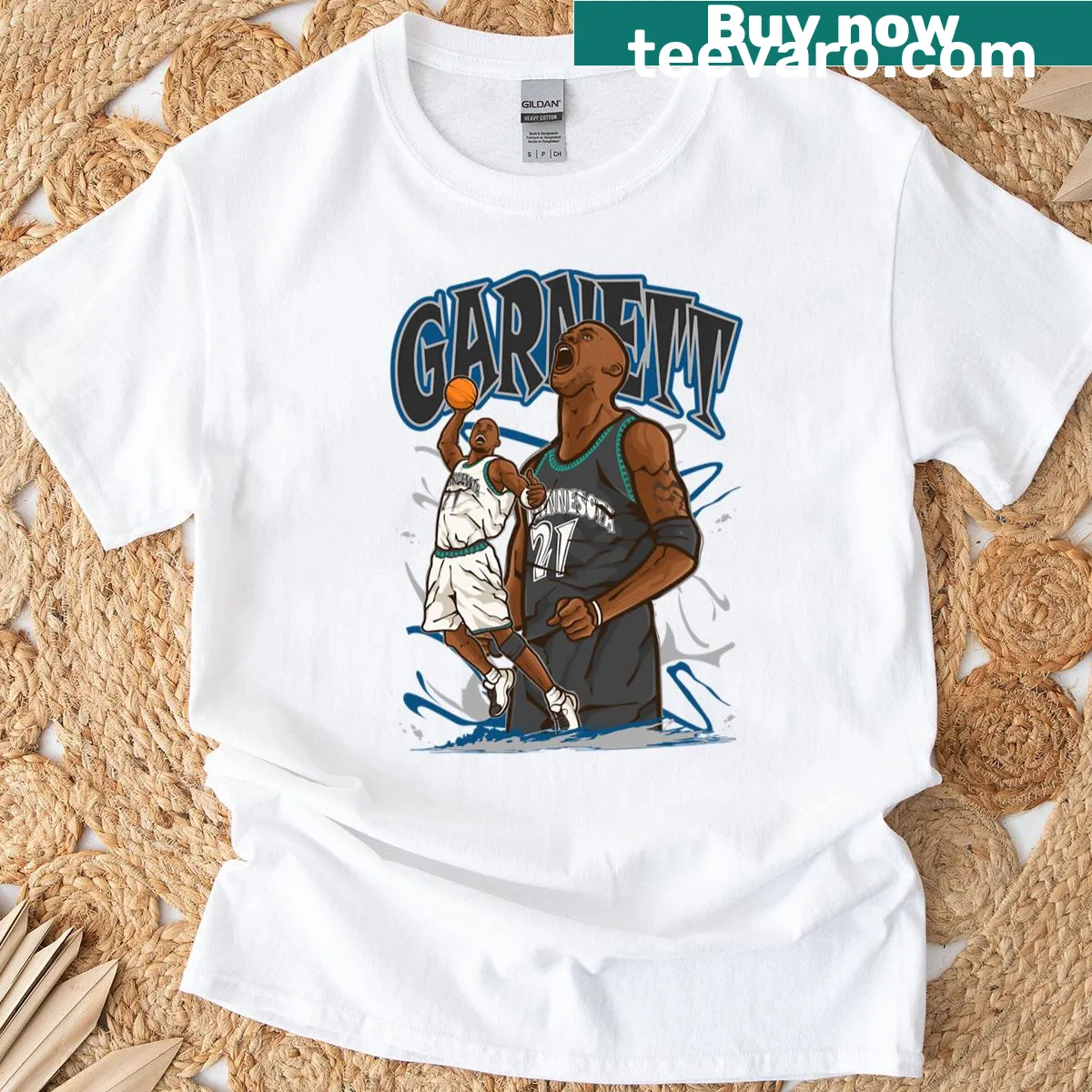 Cartoon graphic of Kevin Garnett on a t-shirt — on a men's t-shirt