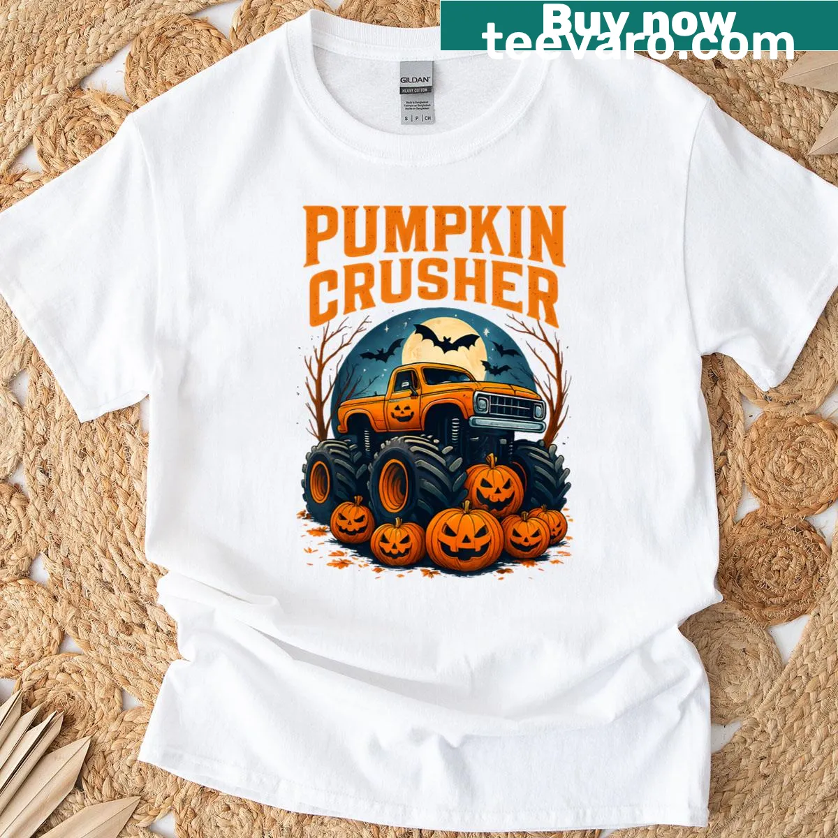 Cute monster truck Halloween T-shirt for kids featuring pumpkin design. — on a men's t-shirt