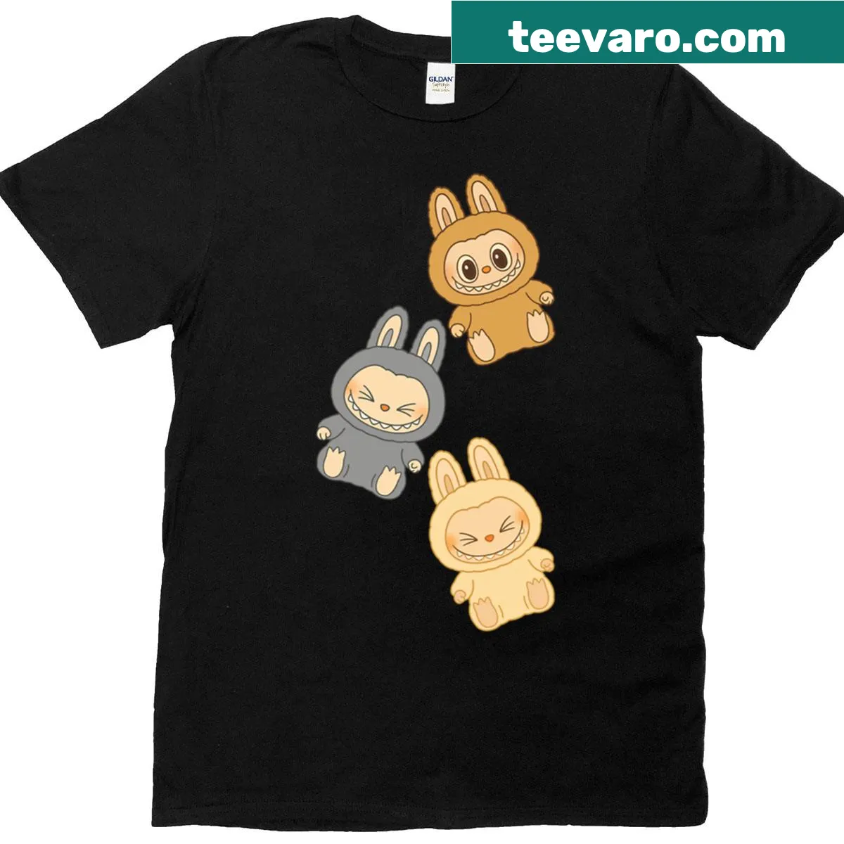 Cartoon-style T-shirt featuring Labubu and the Three Musketeers — on a men's t-shirt