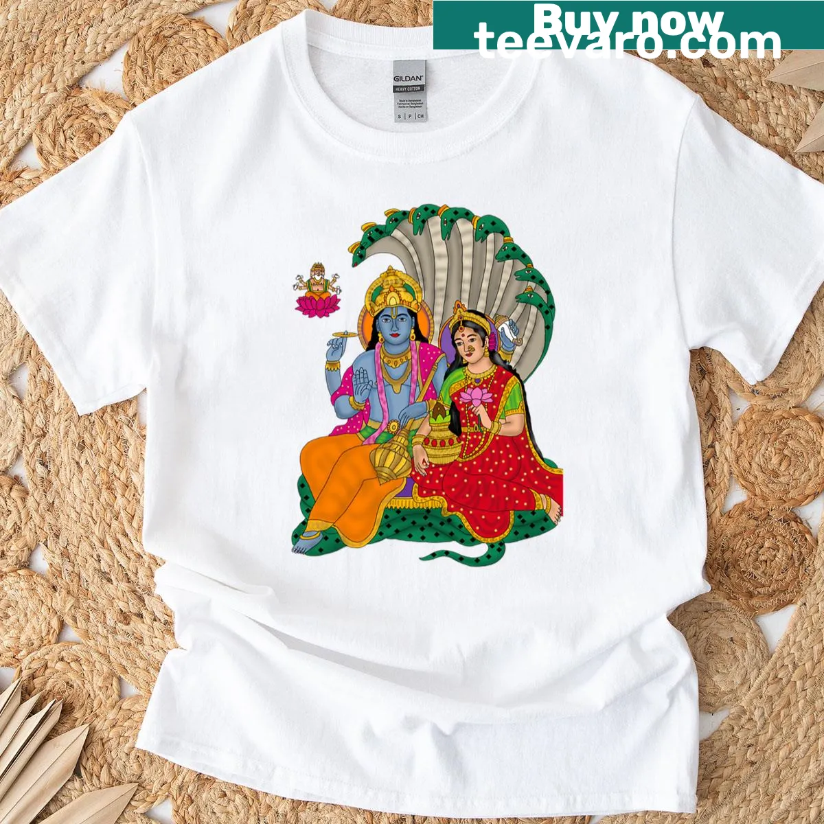 Digital painting of Lakshmi and Narayan on Sheshnag — on a men's t-shirt