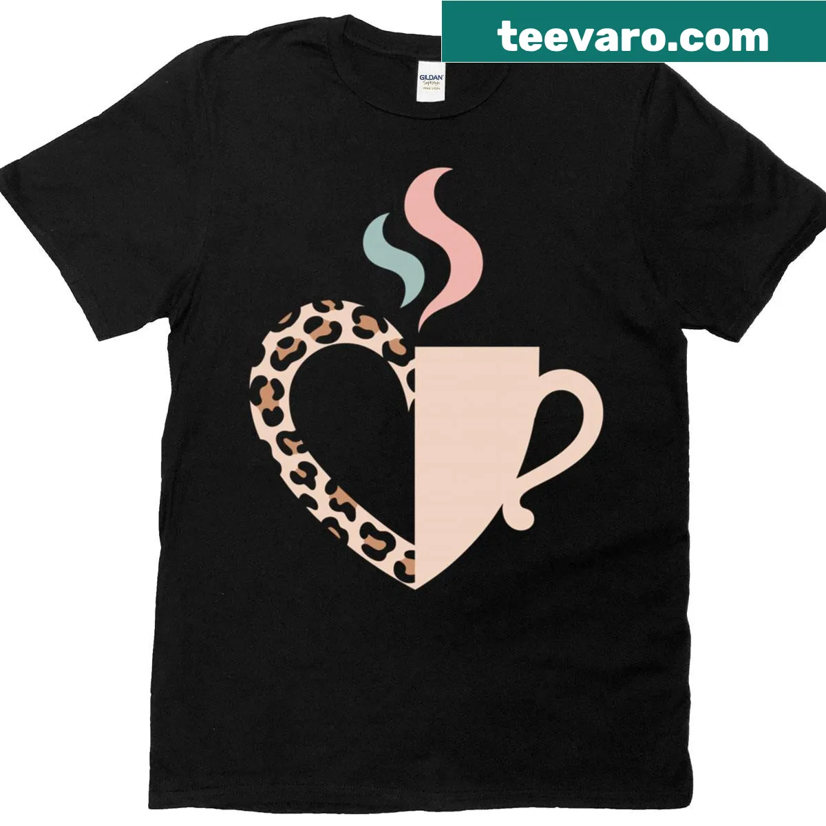 Leopard print coffee cup heart graphic T-shirt — on a men's t-shirt