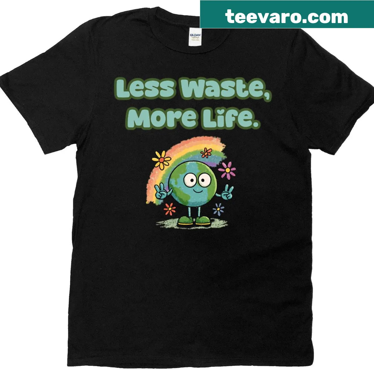 Sustainable lifestyle quote t-shirt featuring 'Less Waste More Life' text — on a men's t-shirt