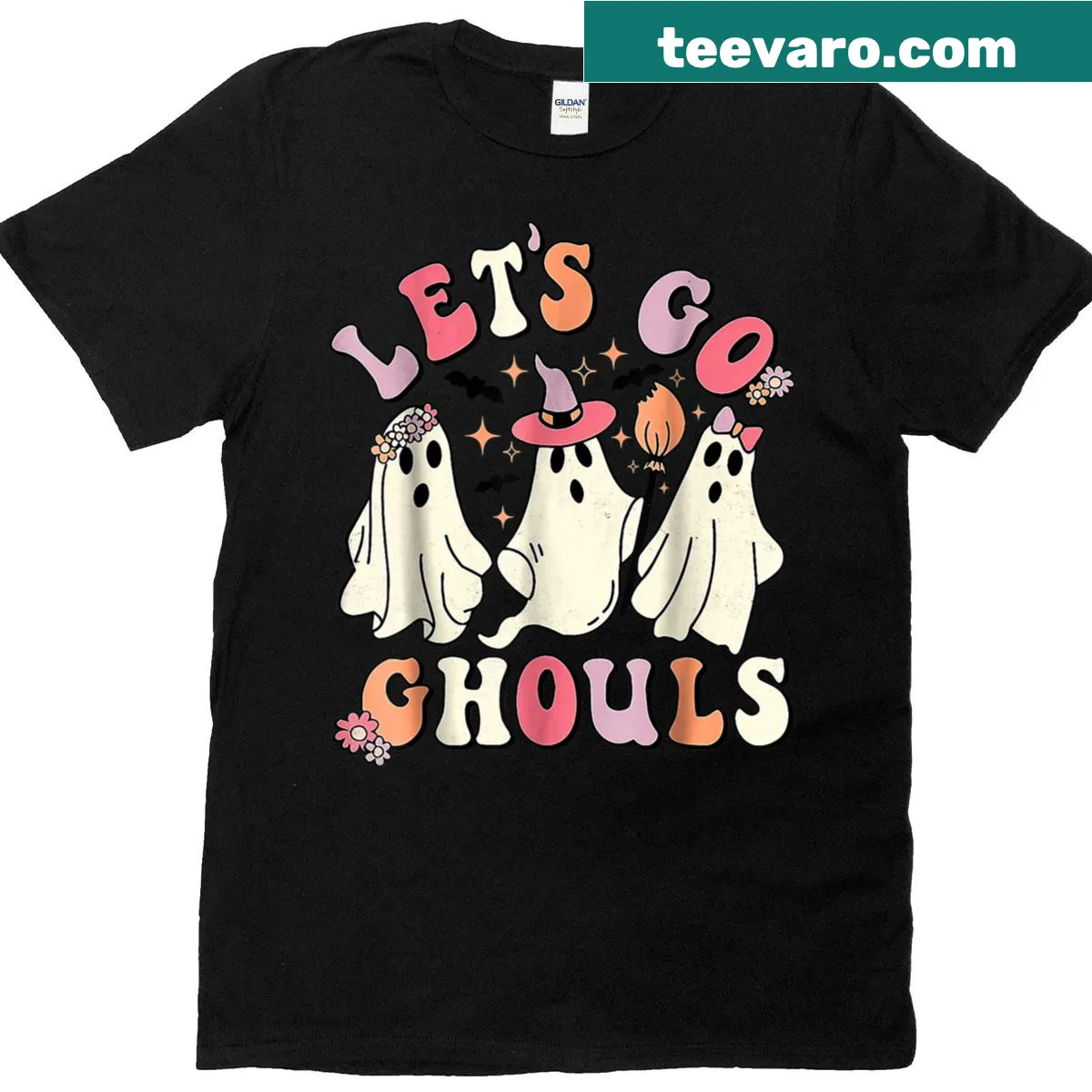 Cute Halloween t-shirt with ghost design and text 'Let's Go Ghouls' — on a men's t-shirt