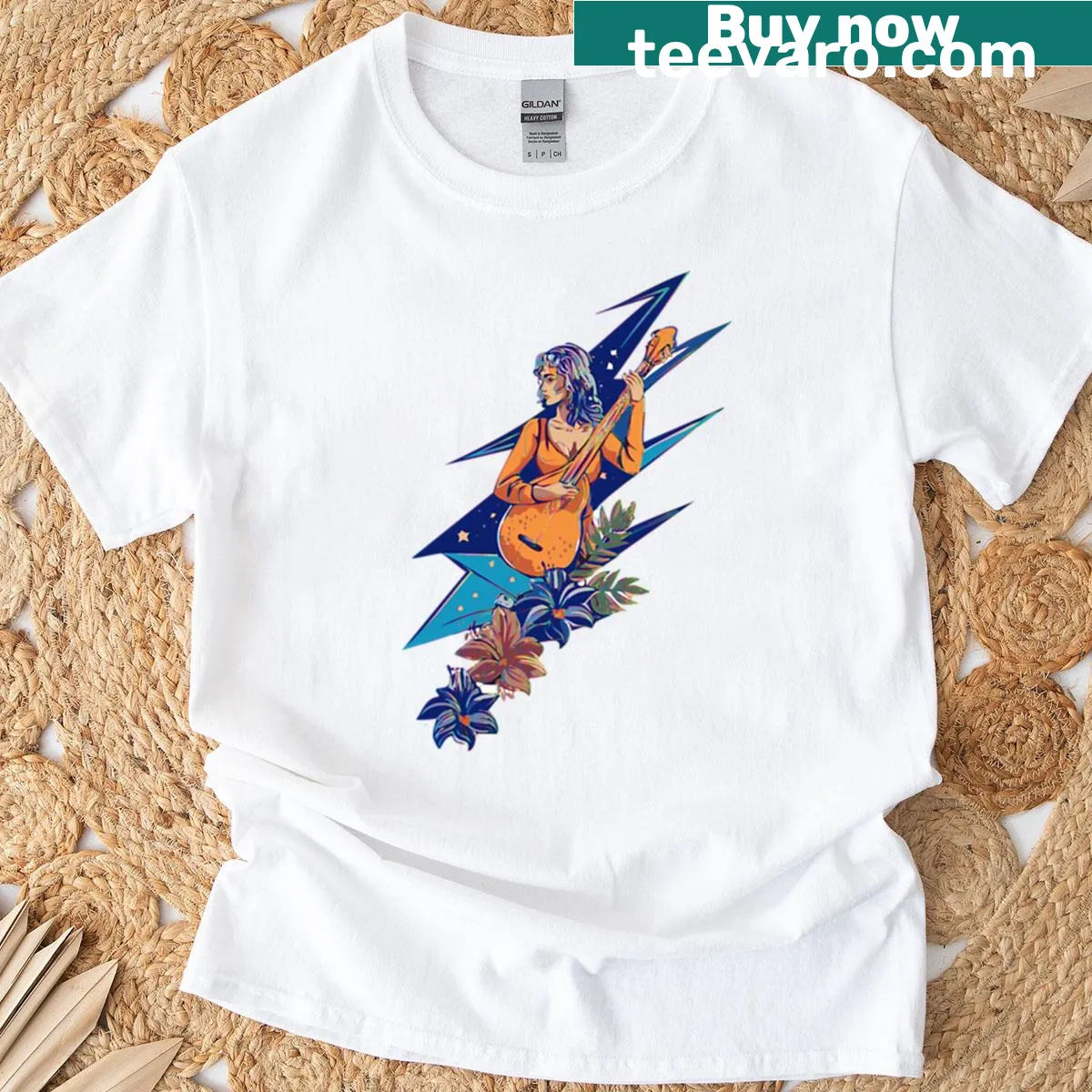 Illustration of a lightning bolt striking a columbine flower on a t-shirt — on a men's t-shirt