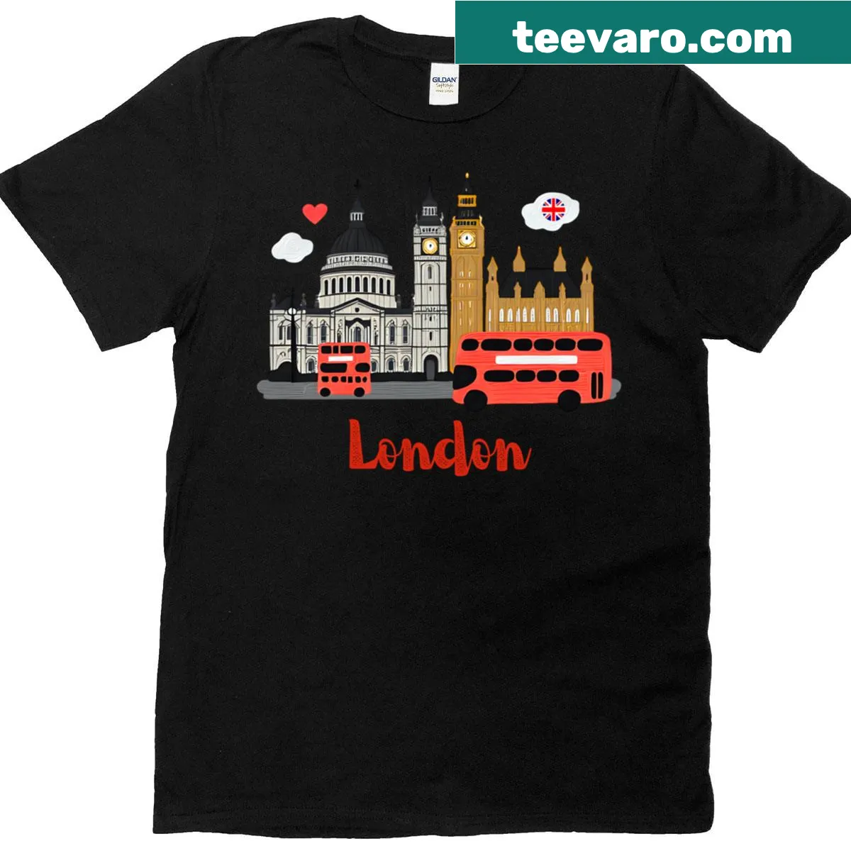 Illustration of London landmarks with a red bus on a T-shirt — on a men's t-shirt