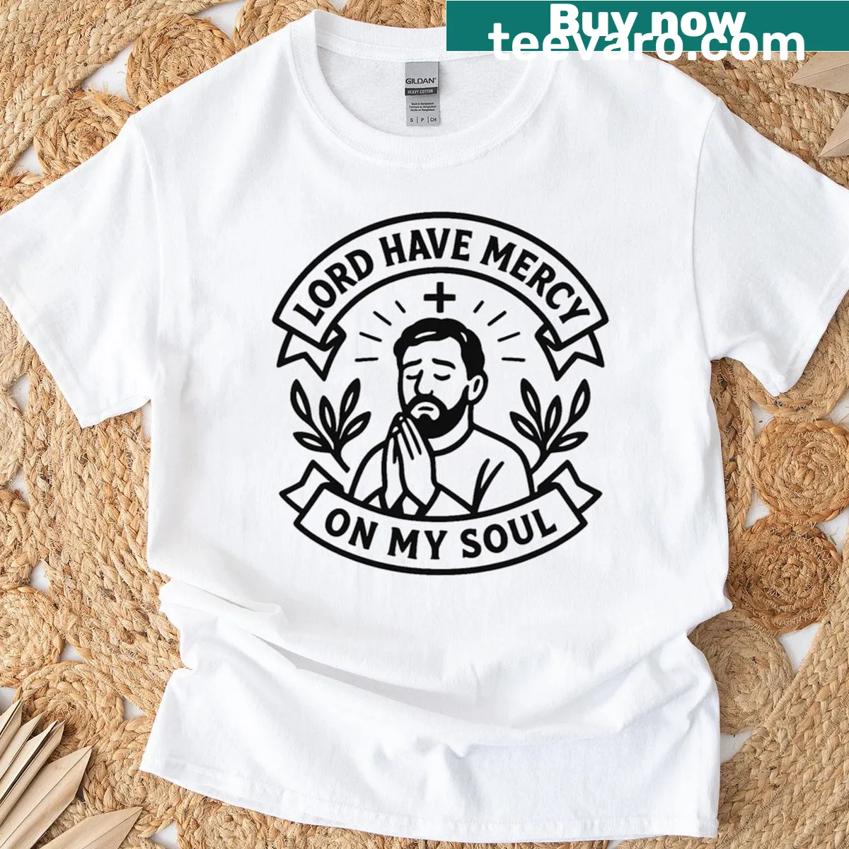 Spiritual logo T-shirt with 'Lord Have Mercy On My Soul' text — on a men's t-shirt