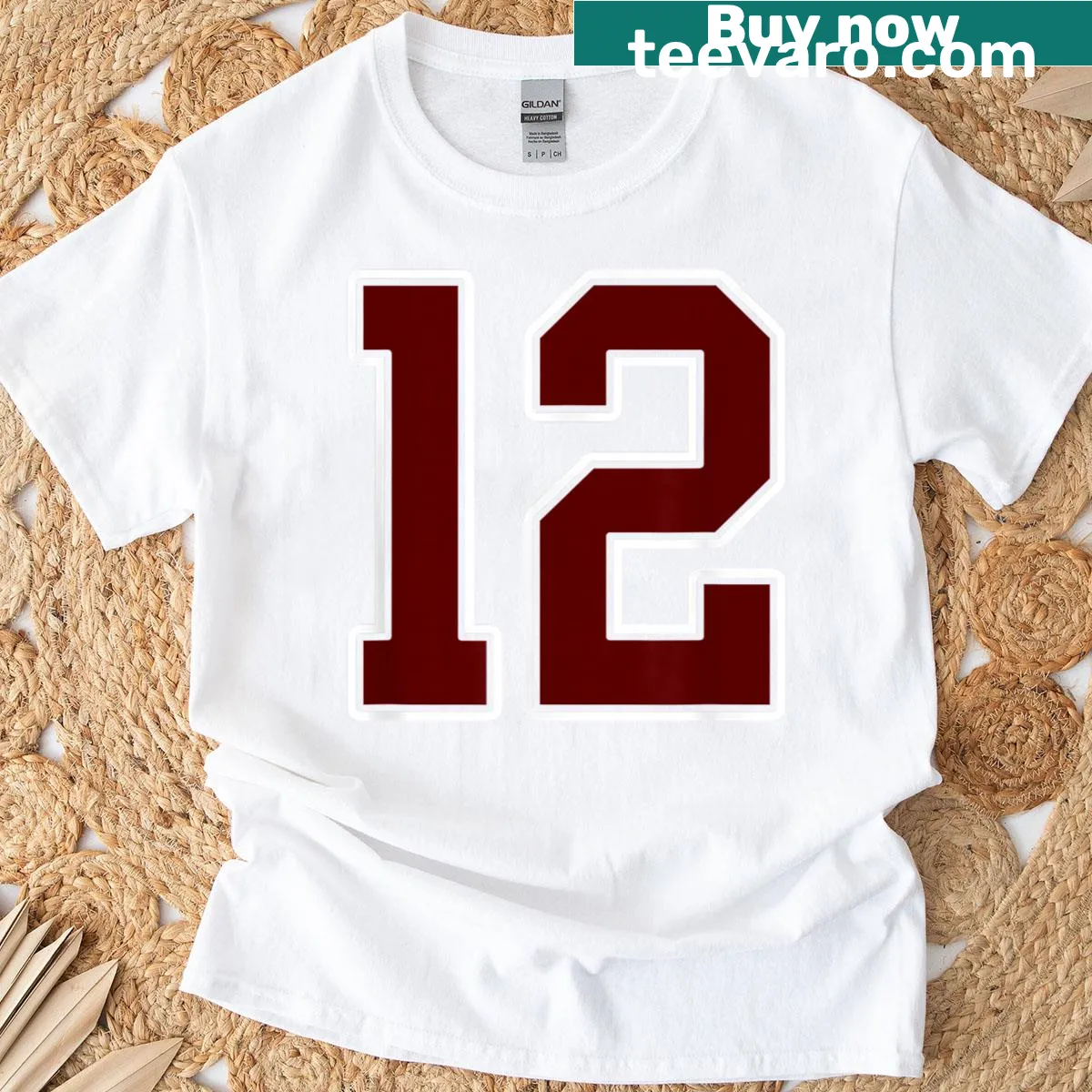 Jersey-style T-shirt with number 12 in maroon and white — on a men's t-shirt