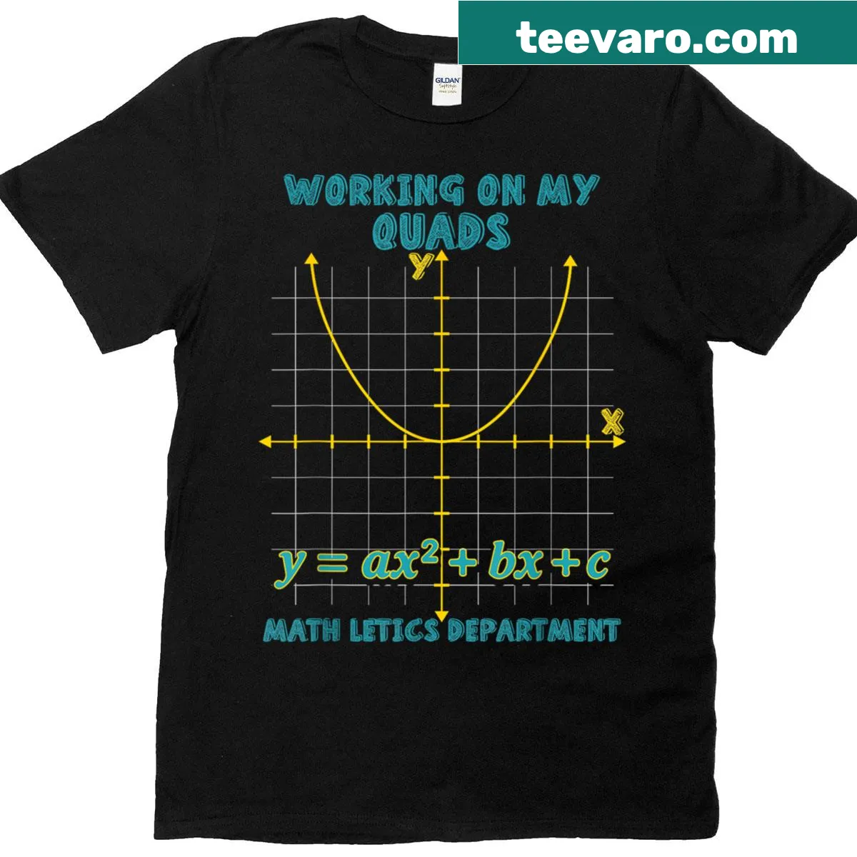 Playful math-themed t-shirt with the phrase Mathletics Working On My Quads — on a men's t-shirt