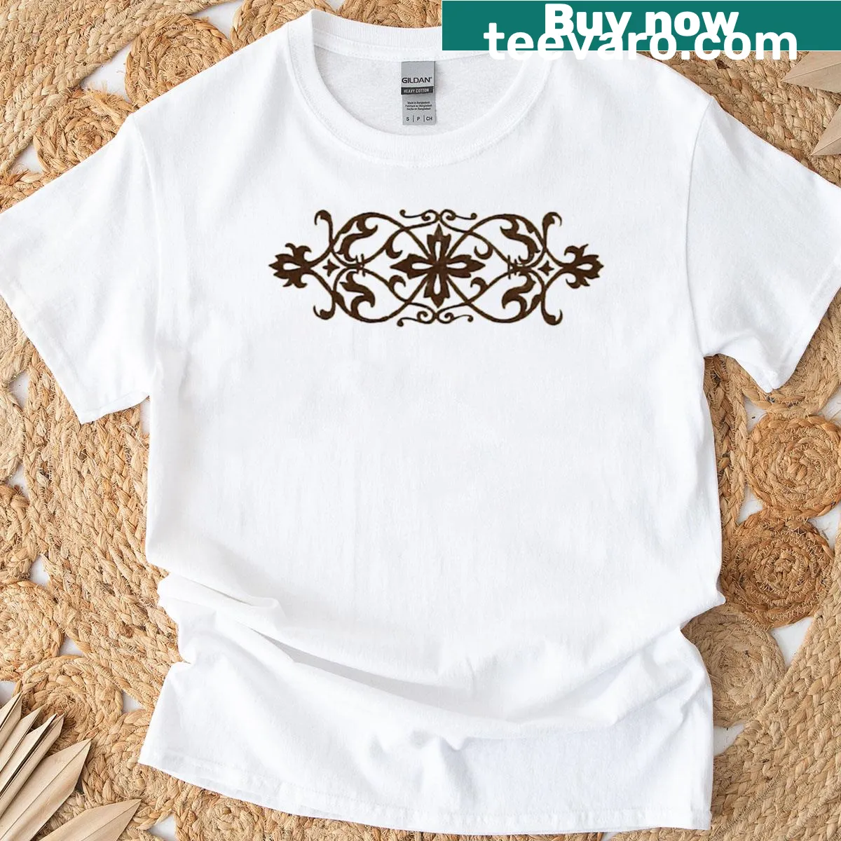 Elegant medieval manuscript border design on T-shirt — on a men's t-shirt