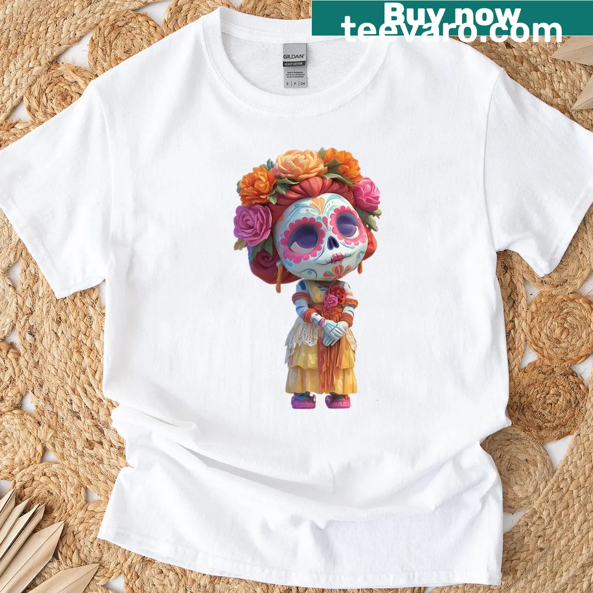 Chibi drawing of the Goddess of Death in sugar skull style — on a men's t-shirt