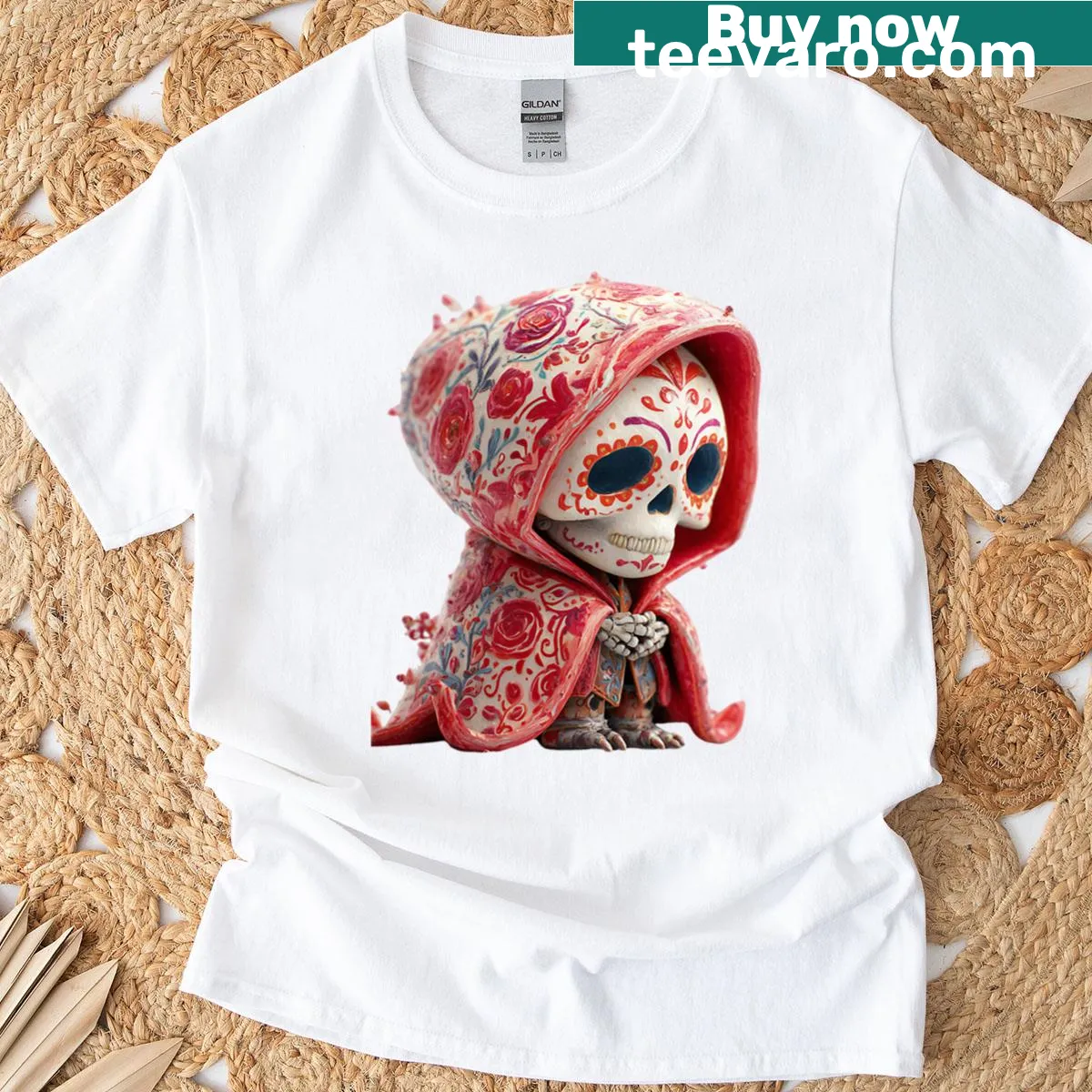 Chibi-style goddess of death in red hood graphic — on a men's t-shirt