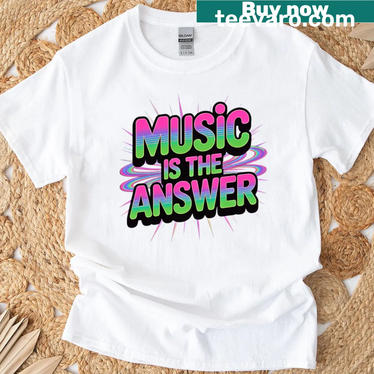 Comic-style t-shirt stating that music is the answer — on a men's t-shirt