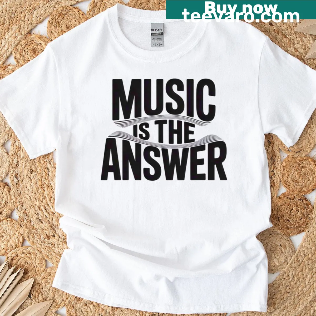 Warped letters graphic T-shirt stating 'Music Is The Answer' — on a men's t-shirt