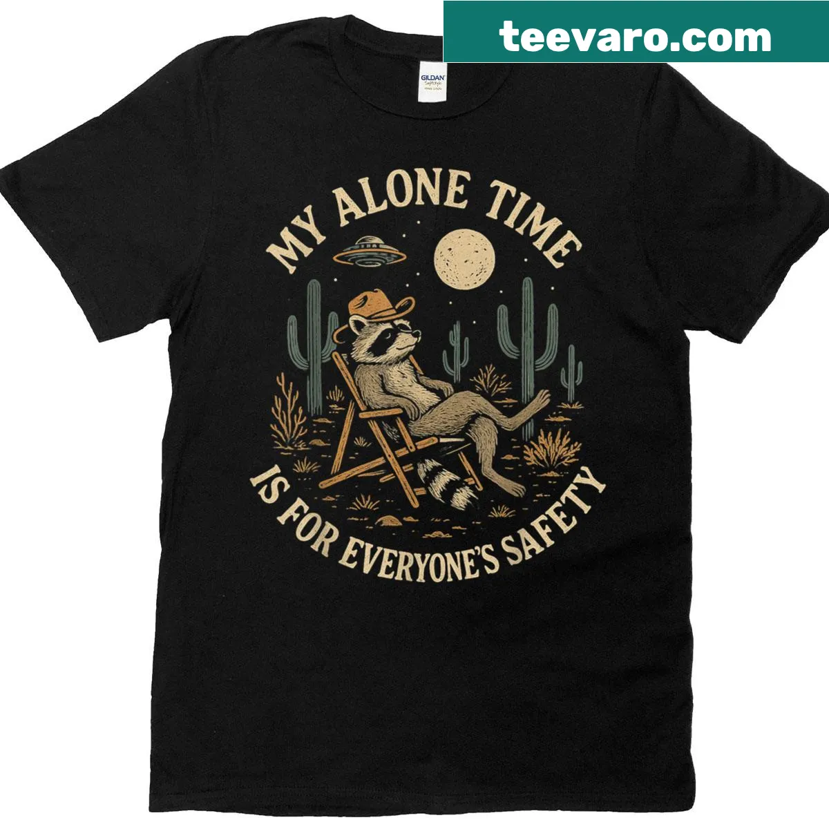 Whimsical raccoon design on a moonlit desert shirt — on a men's t-shirt