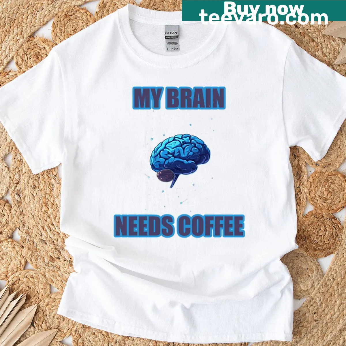 Funny coffee-themed T-shirt with the phrase 'My Brain Needs Coffee'. — on a men's t-shirt