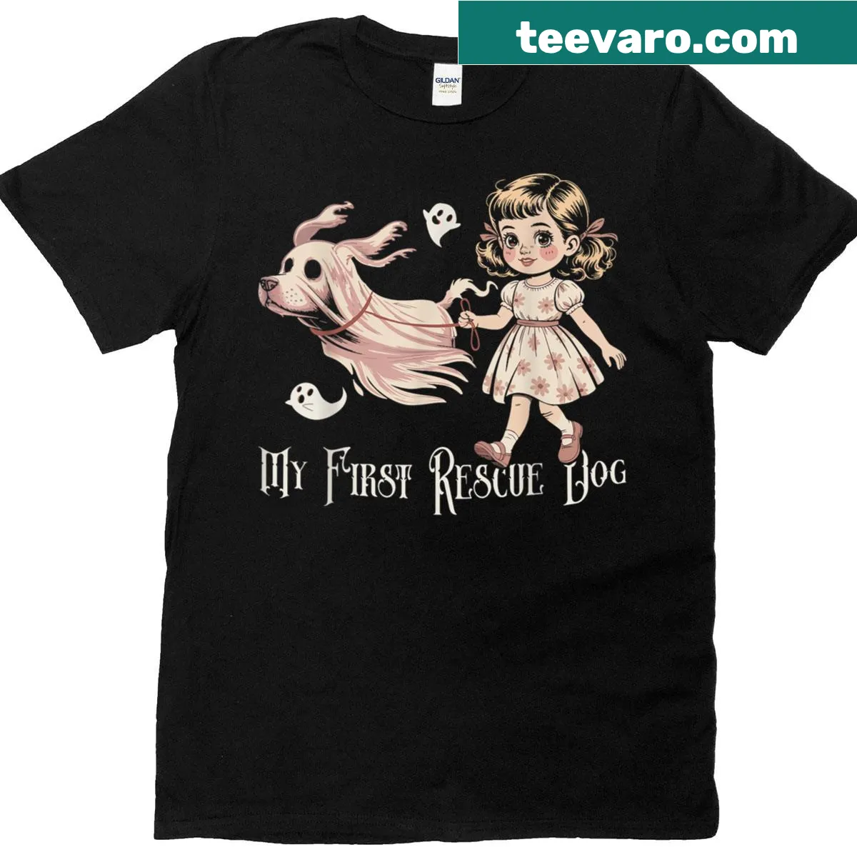 Halloween-themed T-shirt featuring a rescue dog with spooky elements. — on a men's t-shirt