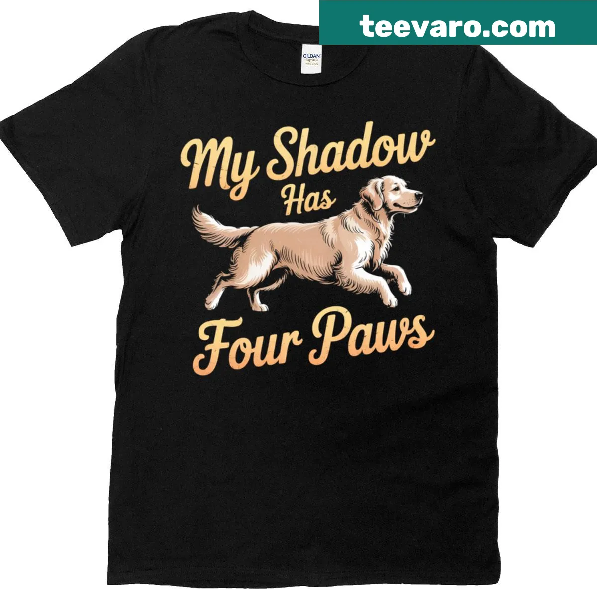 Funny My Shadow Has Four Paws T-shirt with playful dog-themed text — on a men's t-shirt