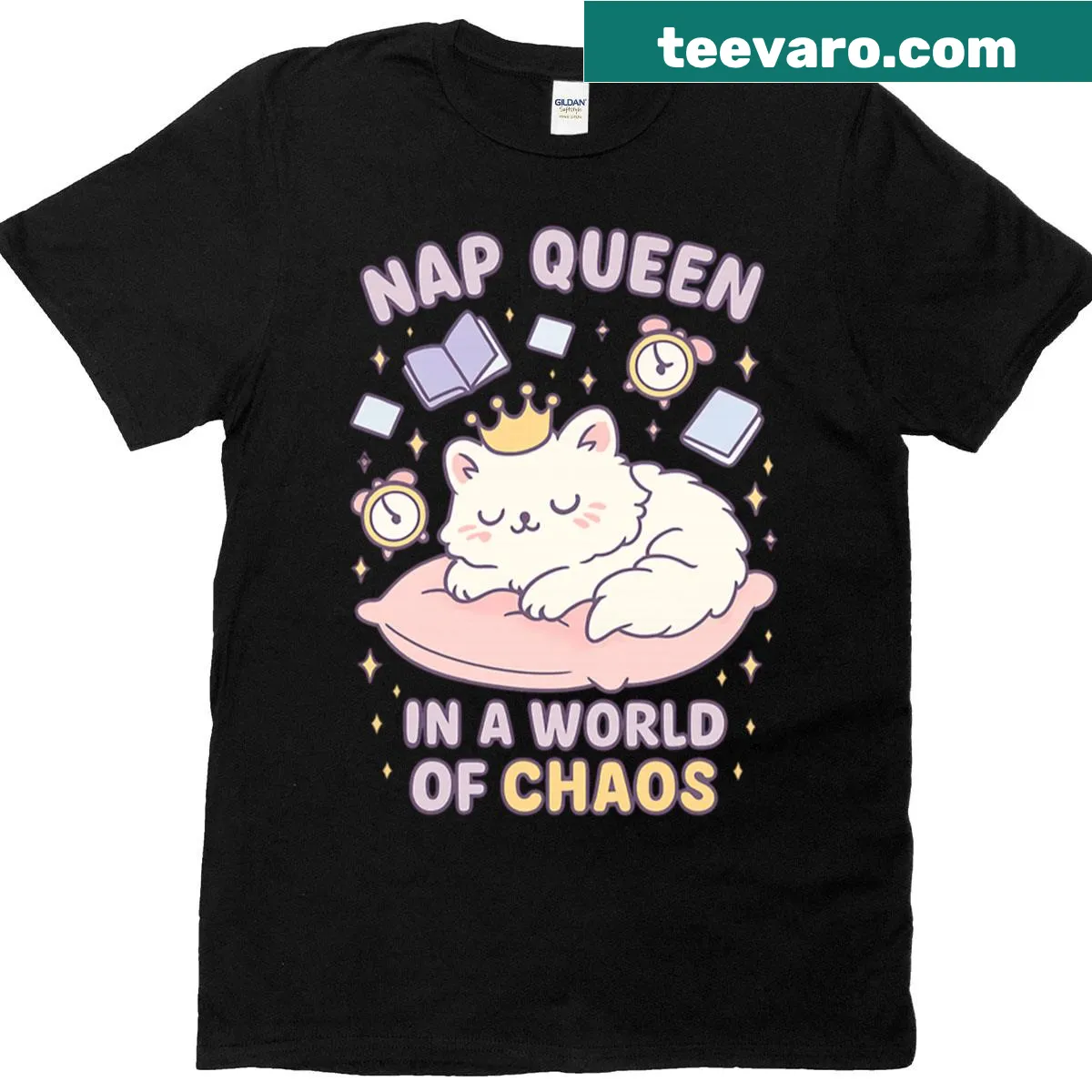 Cute T-shirt with text 'Nap Queen In A World Of Chaos' and cat designs — on a men's t-shirt