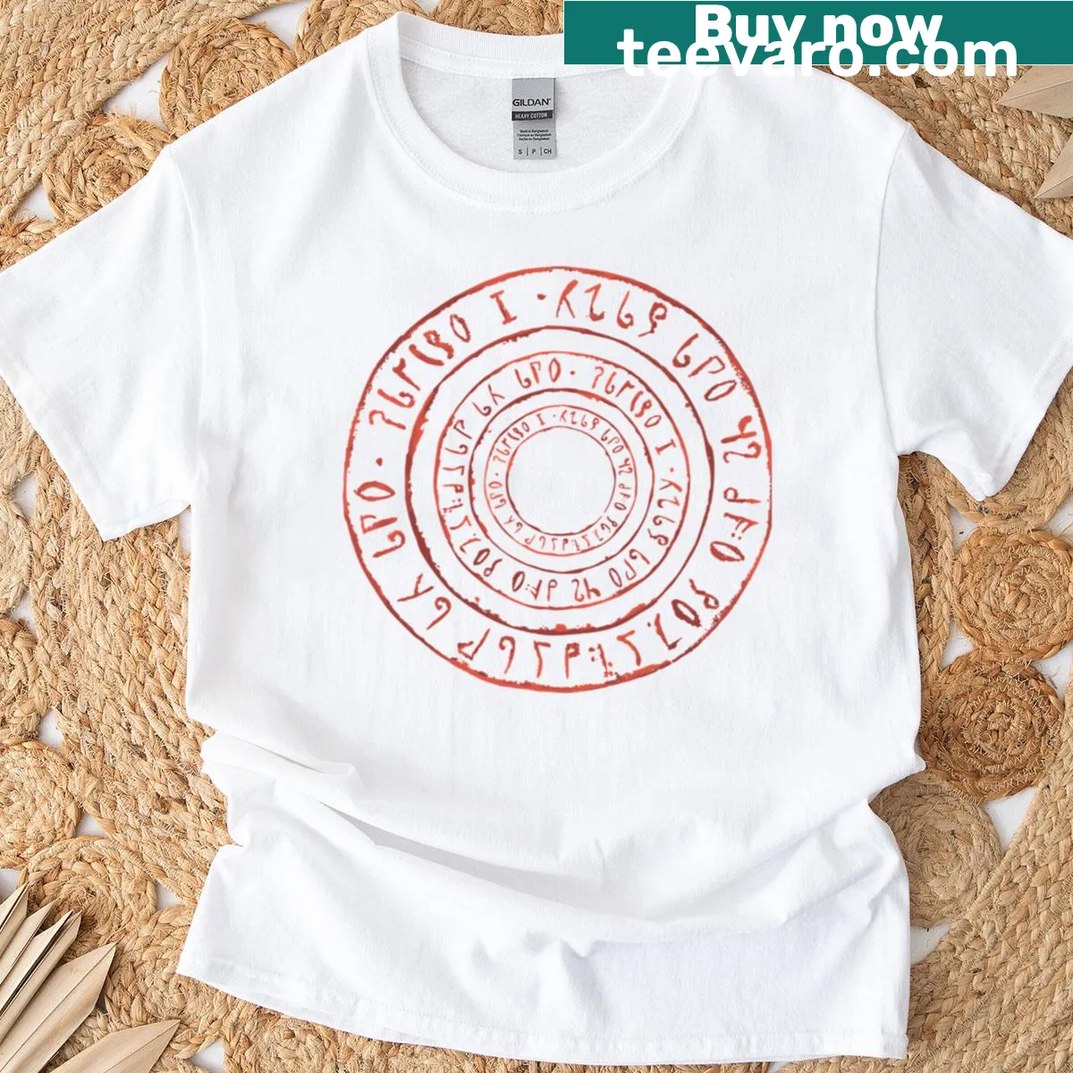 Minimalist Noita themed shirt with intricate rune circles. — on a men's t-shirt