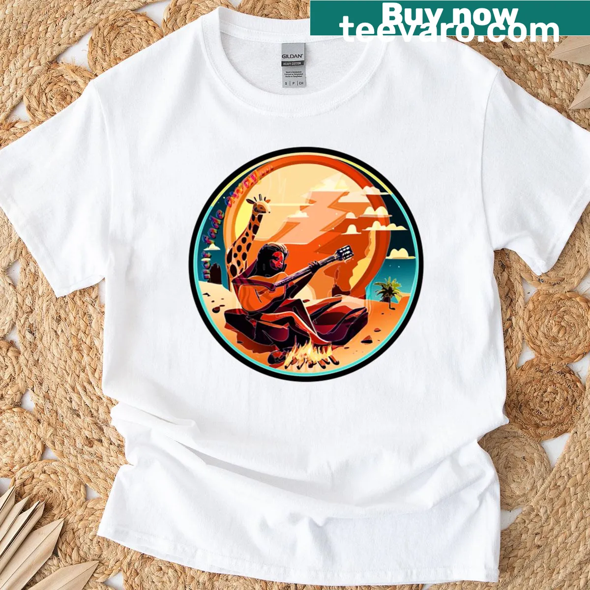 Music-themed Not Fade Away graphic on a T-shirt — on a men's t-shirt