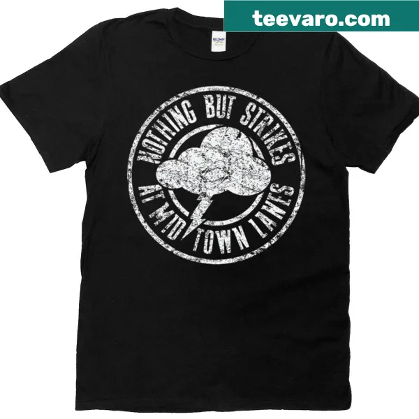 Bowling-themed t-shirt with graphic of falling pins and text