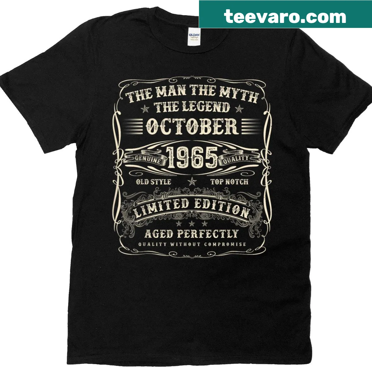 60th birthday graphic shirt for men born in October 1965 — on a men's t-shirt