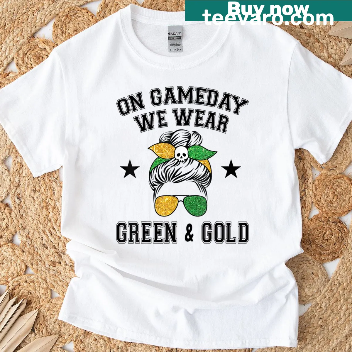 Game day themed shirt with messy text in green and gold — on a men's t-shirt