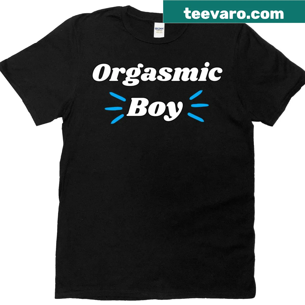 T-shirt with bold text saying 'Orgasmic Boy' — on a men's t-shirt