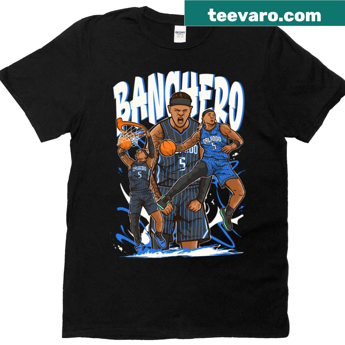 Cartoon graphic of Paolo Banchero on a T-shirt — on a men's t-shirt