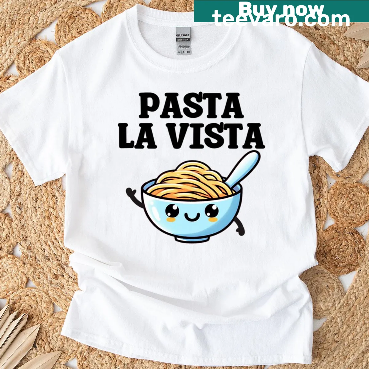 Funny T-shirt with the phrase Pasta La Vista as a food pun — on a men's t-shirt