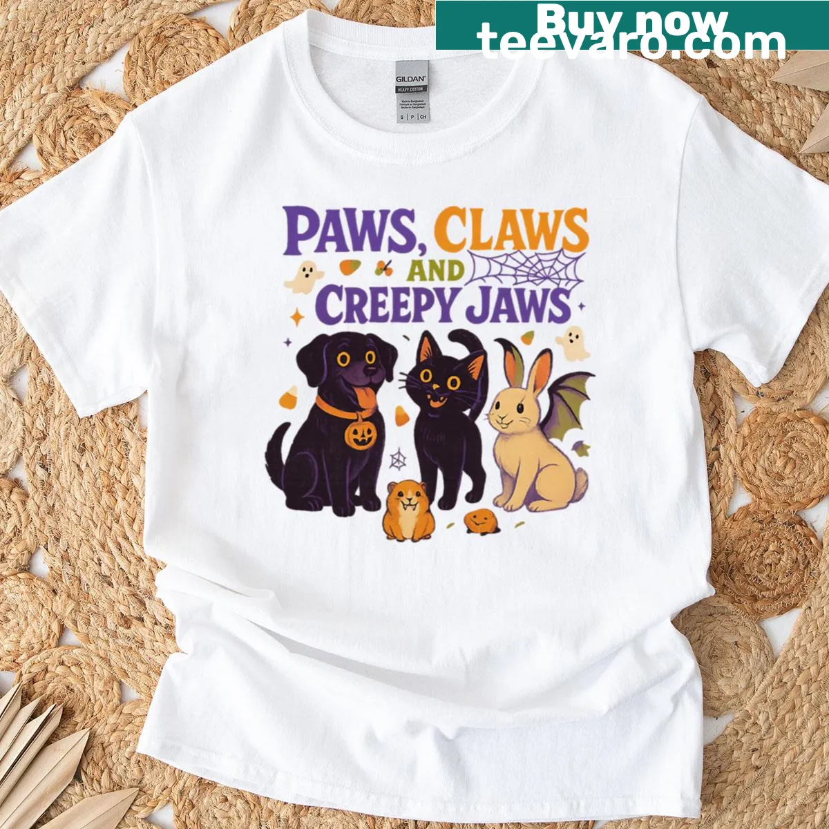 Cartoon Halloween shirt featuring paws and creepy jaws for vets. — on a men's t-shirt