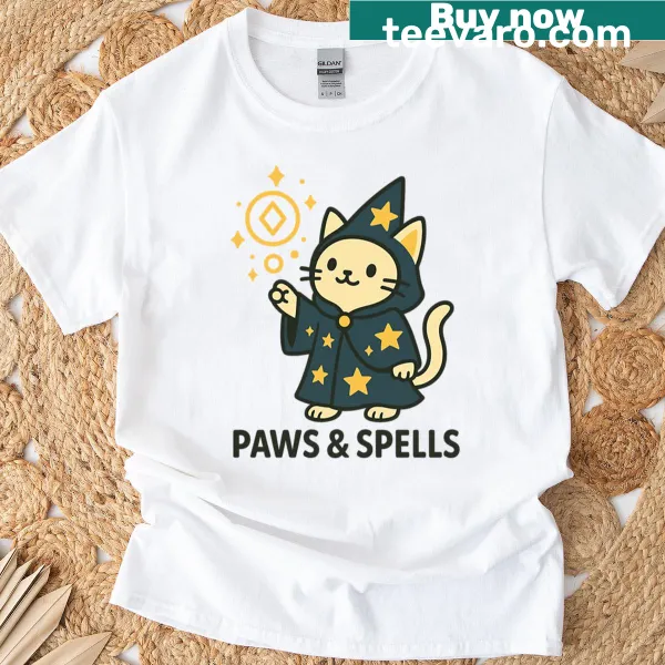 Whimsical cat t-shirt with the phrase 'Paws Spells Wizard' and cat illustrations