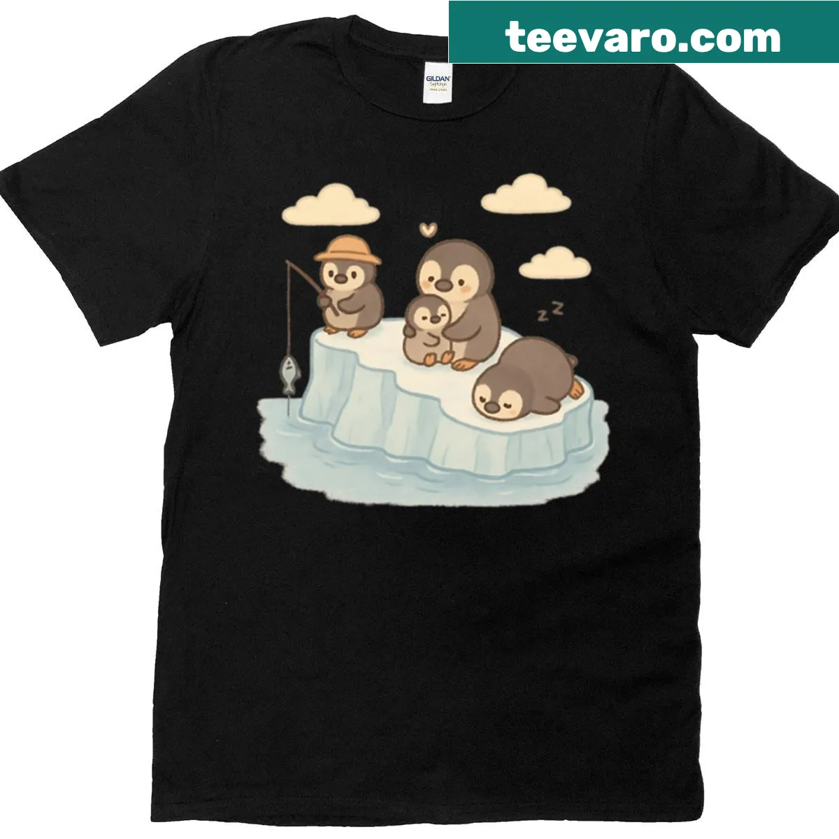 Whimsical penguins partying on an iceberg illustration — on a men's t-shirt