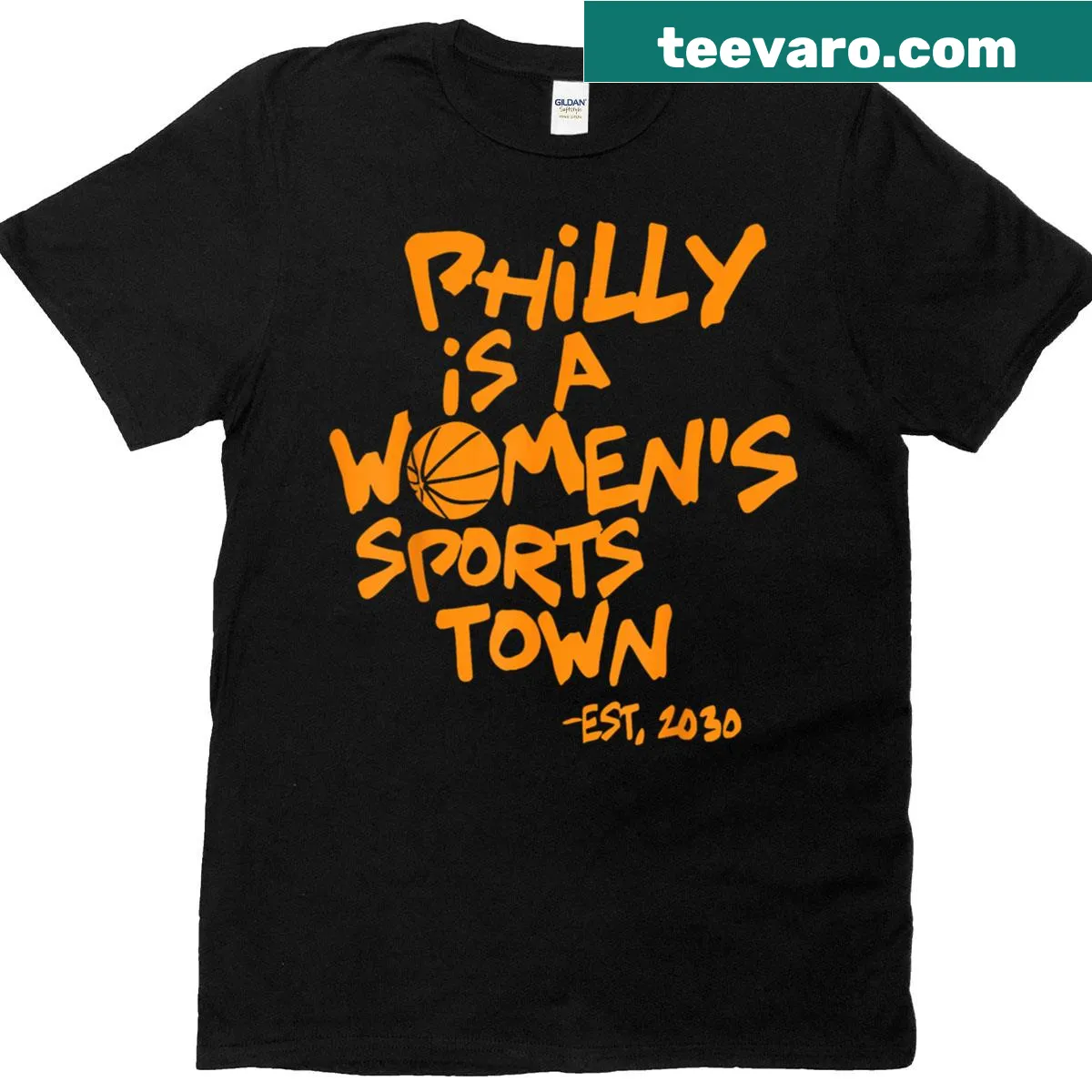 Text tee celebrating Philly as a women's sports town established in 2030 — on a men's t-shirt