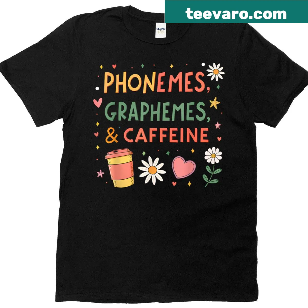 Teacher appreciation T-shirt with 'Phonemes Graphemes And Caffeine' text — on a men's t-shirt