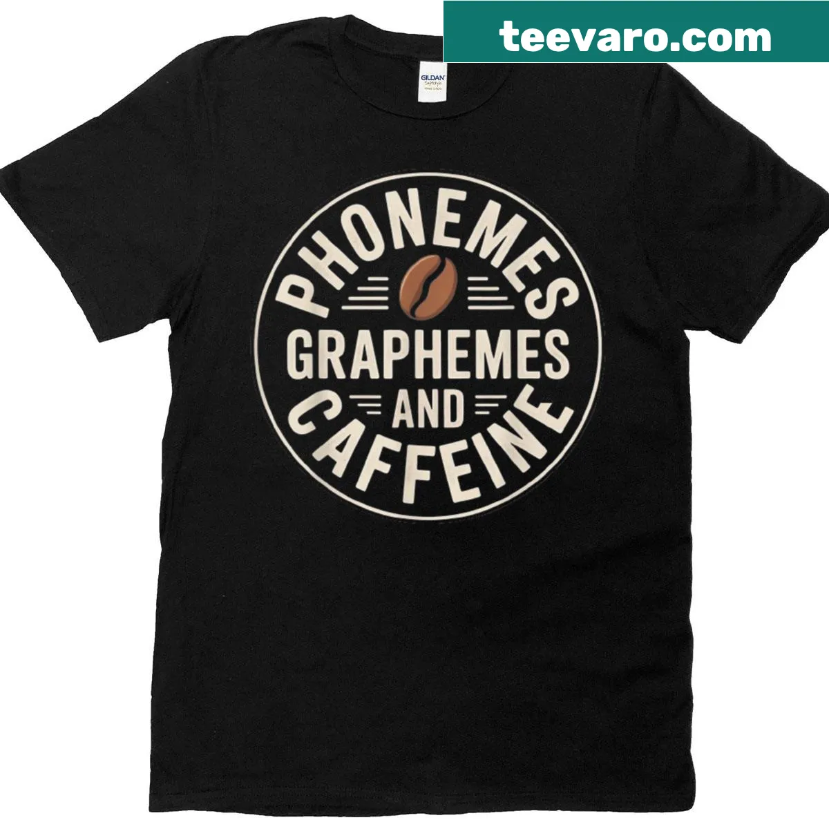Funny T-shirt featuring phonemes, graphemes, and caffeine design — on a men's t-shirt