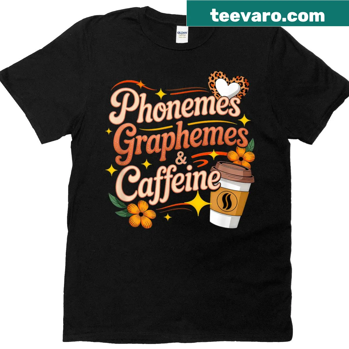 Humorous T-shirt for teachers featuring coffee and phonics designs — on a men's t-shirt