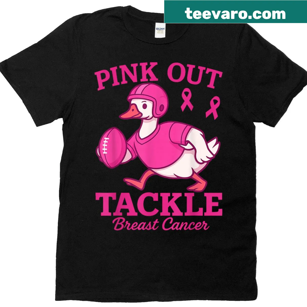 T-shirt supporting breast cancer awareness with football and goose design — on a men's t-shirt